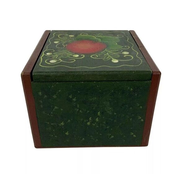 Hand Painted Wooden Recipe Card Box Apple Design Green Red Farmhouse Style - Picture 4 of 7